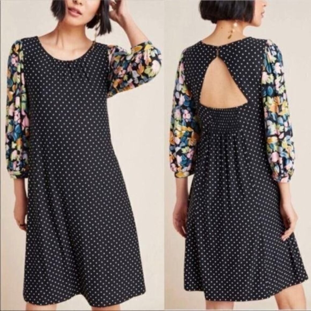 NWT Anthropologie Maeve Dress XS Balloon Sleeve Polka Dot Floral Sawyer Black